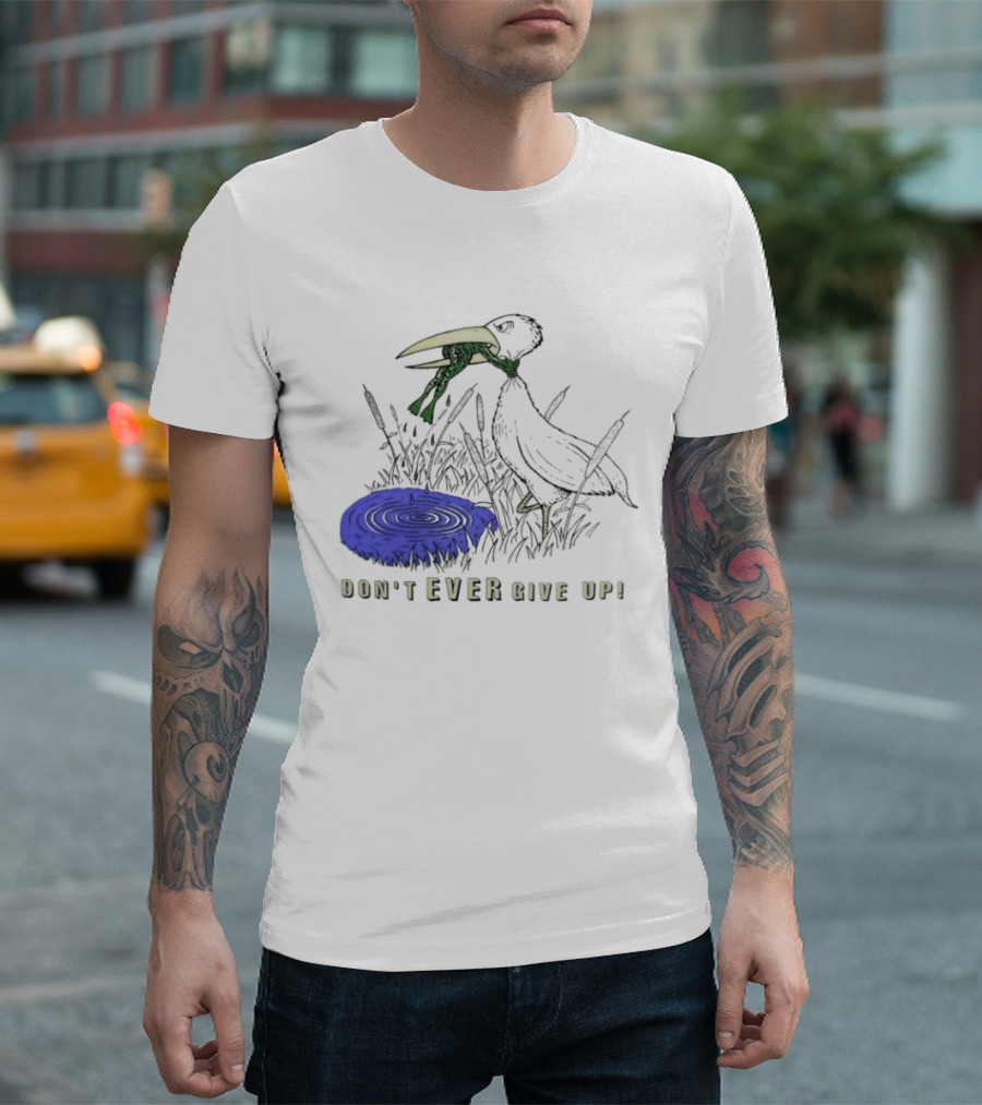 Frog Vs Bird Struggle Never Give Up Inspiring Cartoon Scene T-Shirt