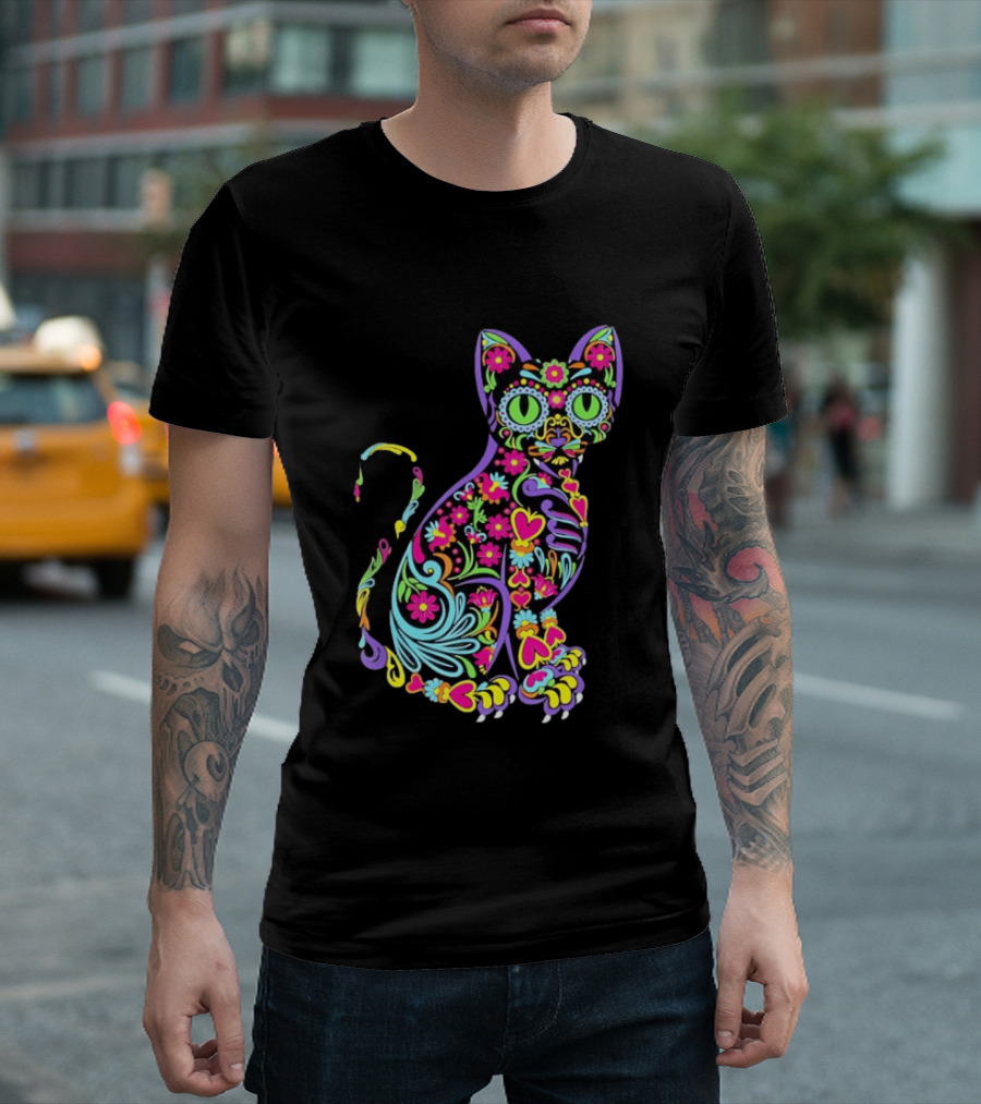 Sugar Skull Cat With Vibrant Floral T-Shirt
