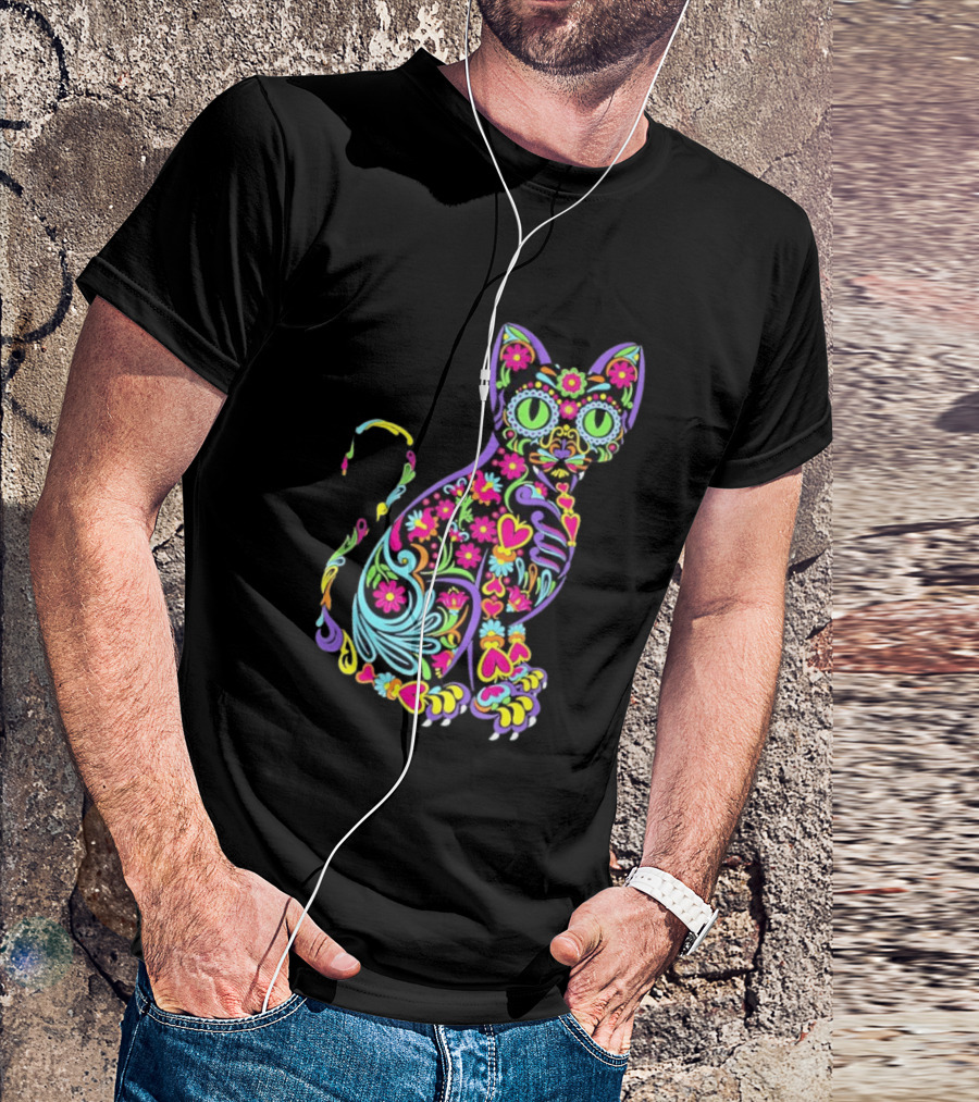 Sugar Skull Cat With Vibrant Floral T-Shirt