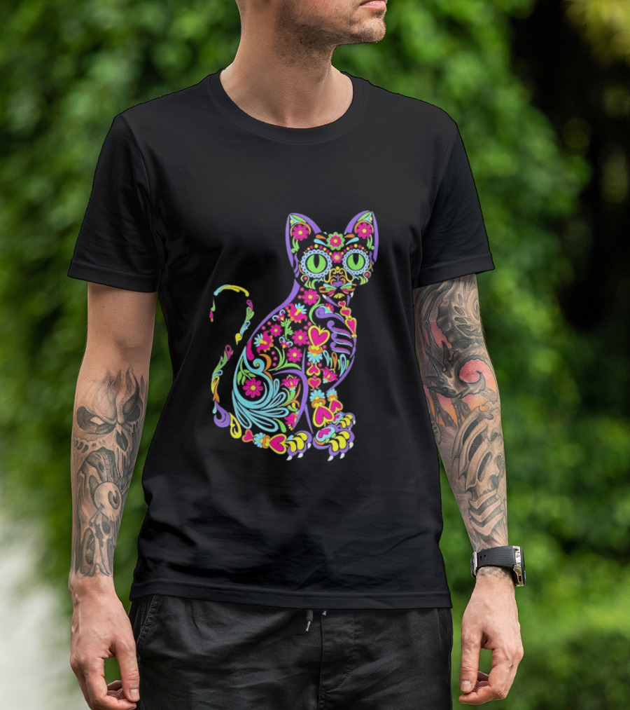 Sugar Skull Cat With Vibrant Floral T-Shirt