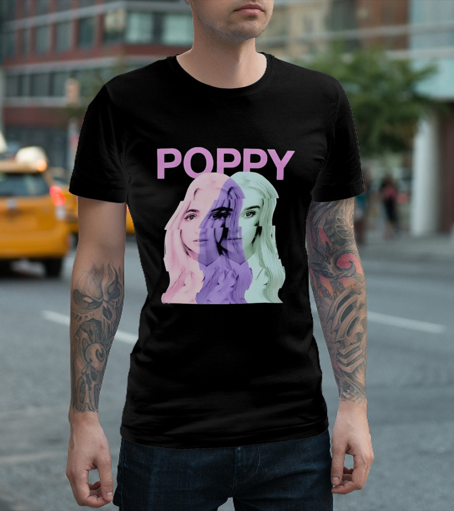 Poppy Digital Muse Glitch Faces Tricolor T-Shirt