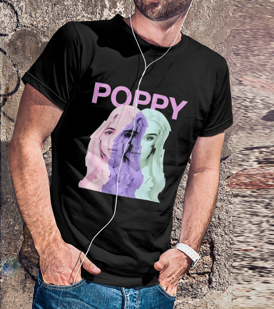 Poppy Digital Muse Glitch Faces Tricolor T-Shirt