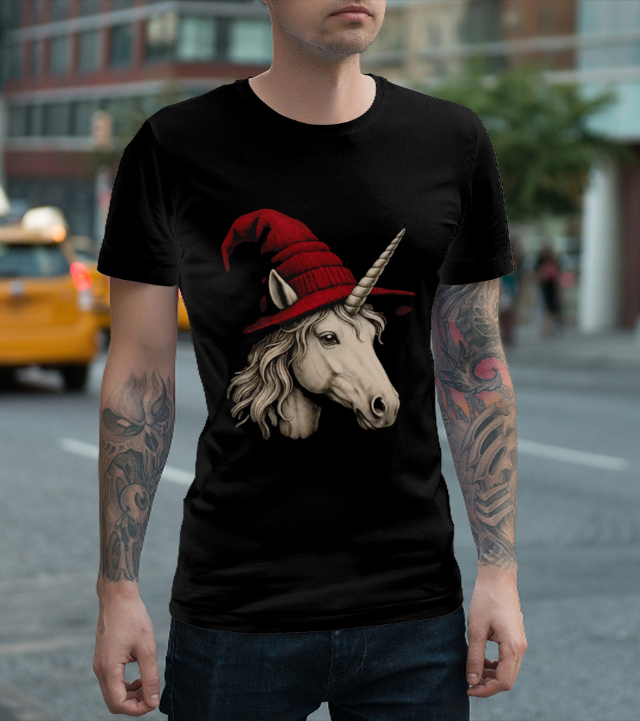 Unicorn With Red Wizard Witch Hat Beanie T-Shirt