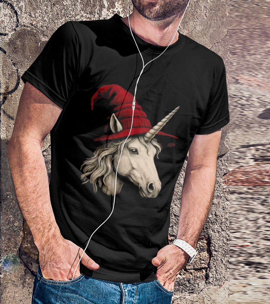 Unicorn With Red Wizard Witch Hat Beanie T-Shirt