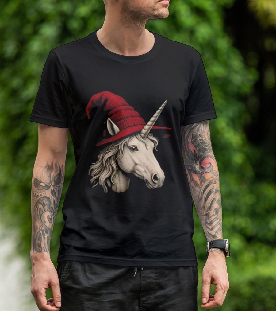 Unicorn With Red Wizard Witch Hat Beanie T-Shirt
