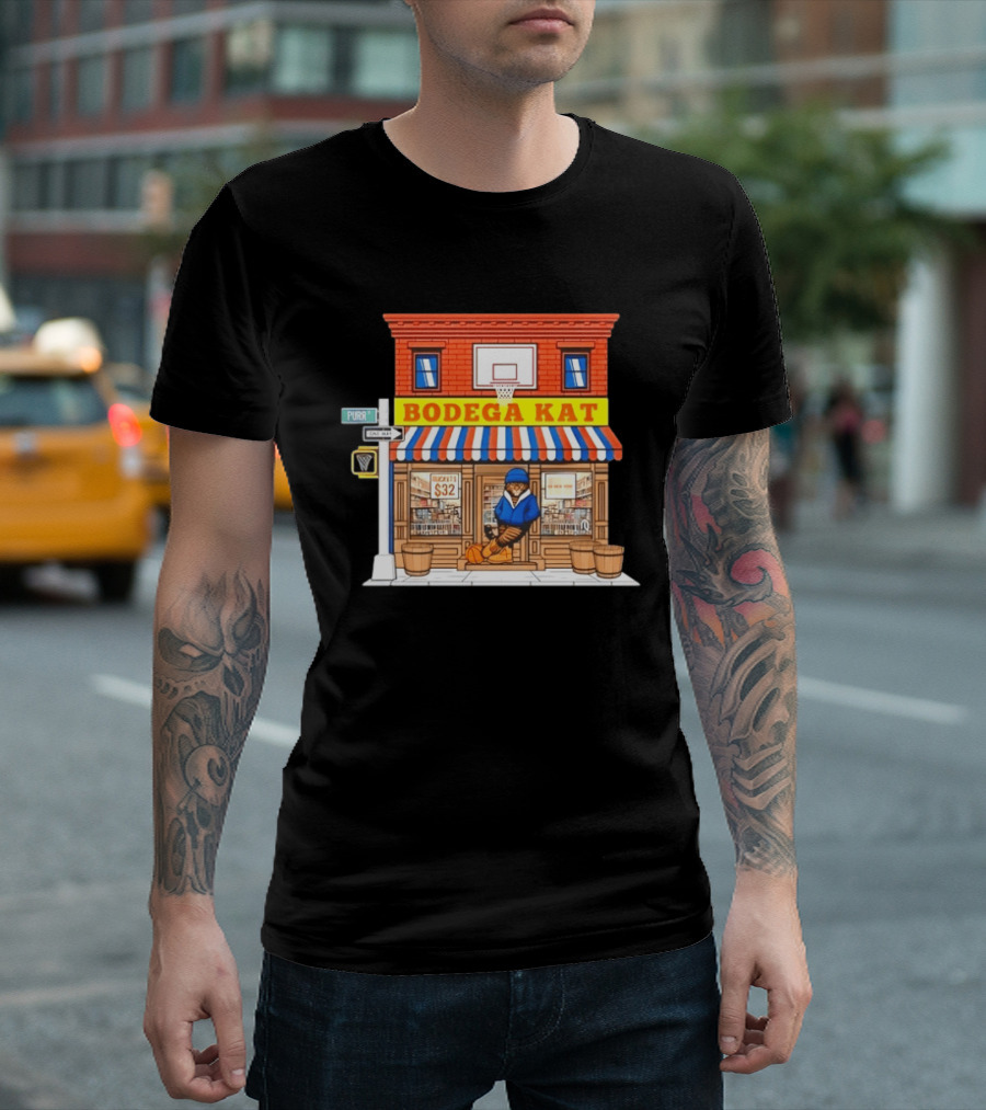 Bodega KAT New York Knicks Basketball Street Scene Purr Street Sign T-Shirt