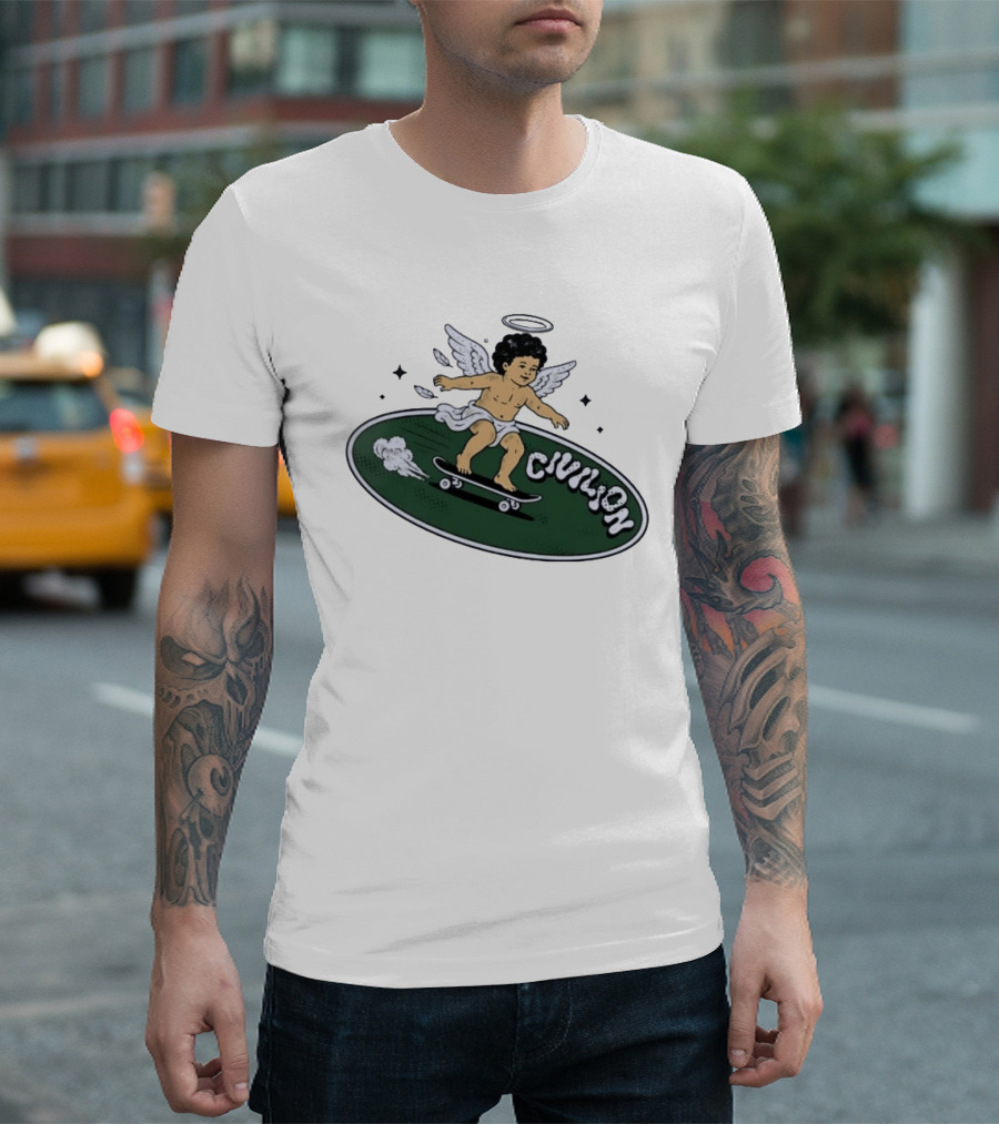 Skateboarding Angel Civilian Halo Wings T-Shirt