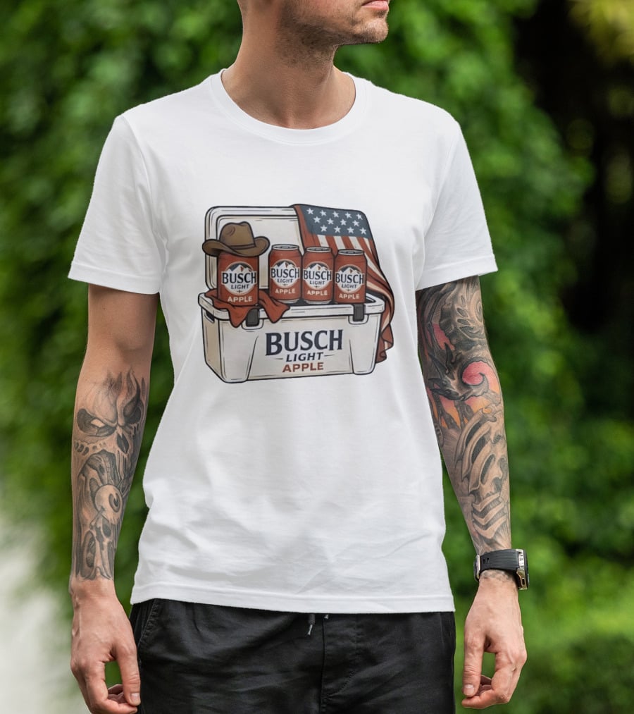 Busch Light Apple American Flag Cowboy Hat Cooler T-Shirt