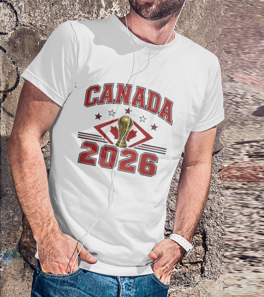 Canada 2026 Football World Cup Trophy And Maple Leaf T-Shirt