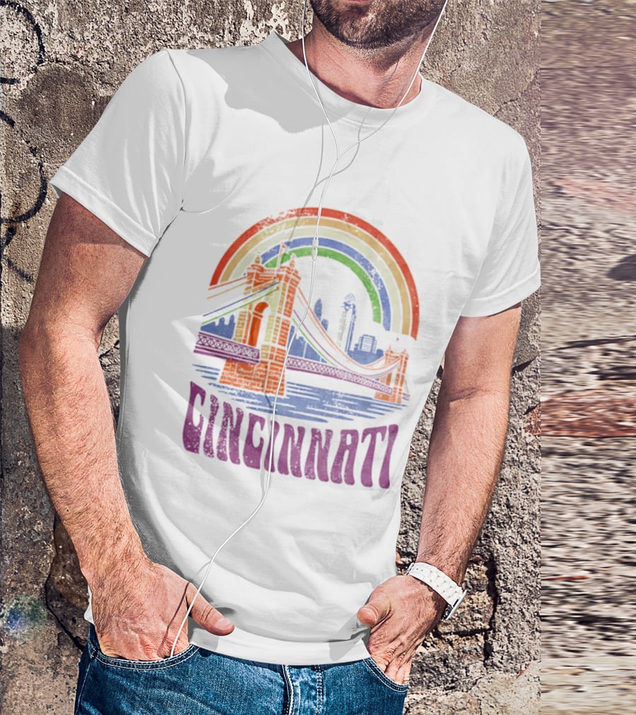 Cincinnati Roebling Bridge Rainbow Skyline Proud Of Our City T-Shirt