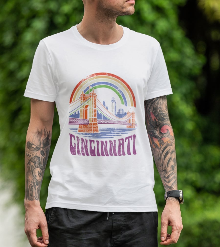 Cincinnati Roebling Bridge Rainbow Skyline Proud Of Our City T-Shirt