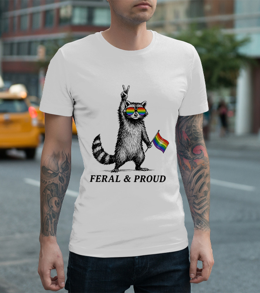 Feral And Proud Raccoon Peace Sign Rainbow Sunglasses Flag T-Shirt