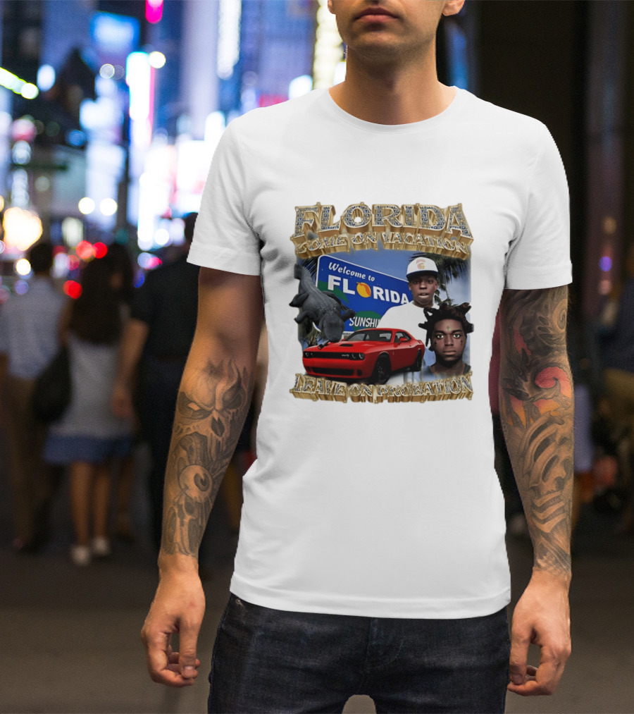 Florida Come On Vacation Leave On Probation Welcome Sign Alligator Red Car T-Shirt