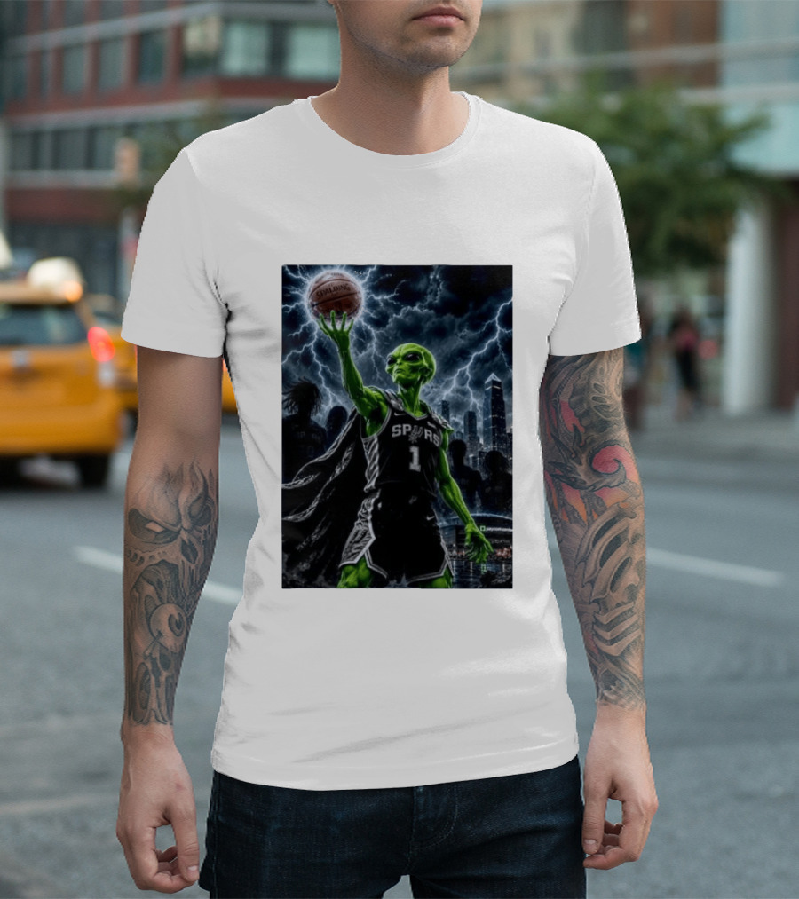 NBA Spurs Alien Spalding Basketball Hovering In Stormy City Skyline T-Shirt