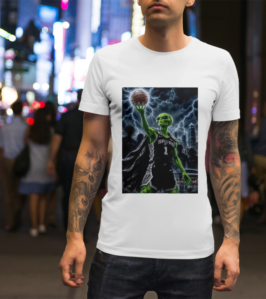 NBA Spurs Alien Spalding Basketball Hovering In Stormy City Skyline T-Shirt