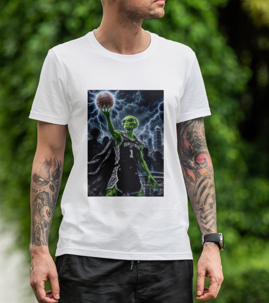 NBA Spurs Alien Spalding Basketball Hovering In Stormy City Skyline T-Shirt