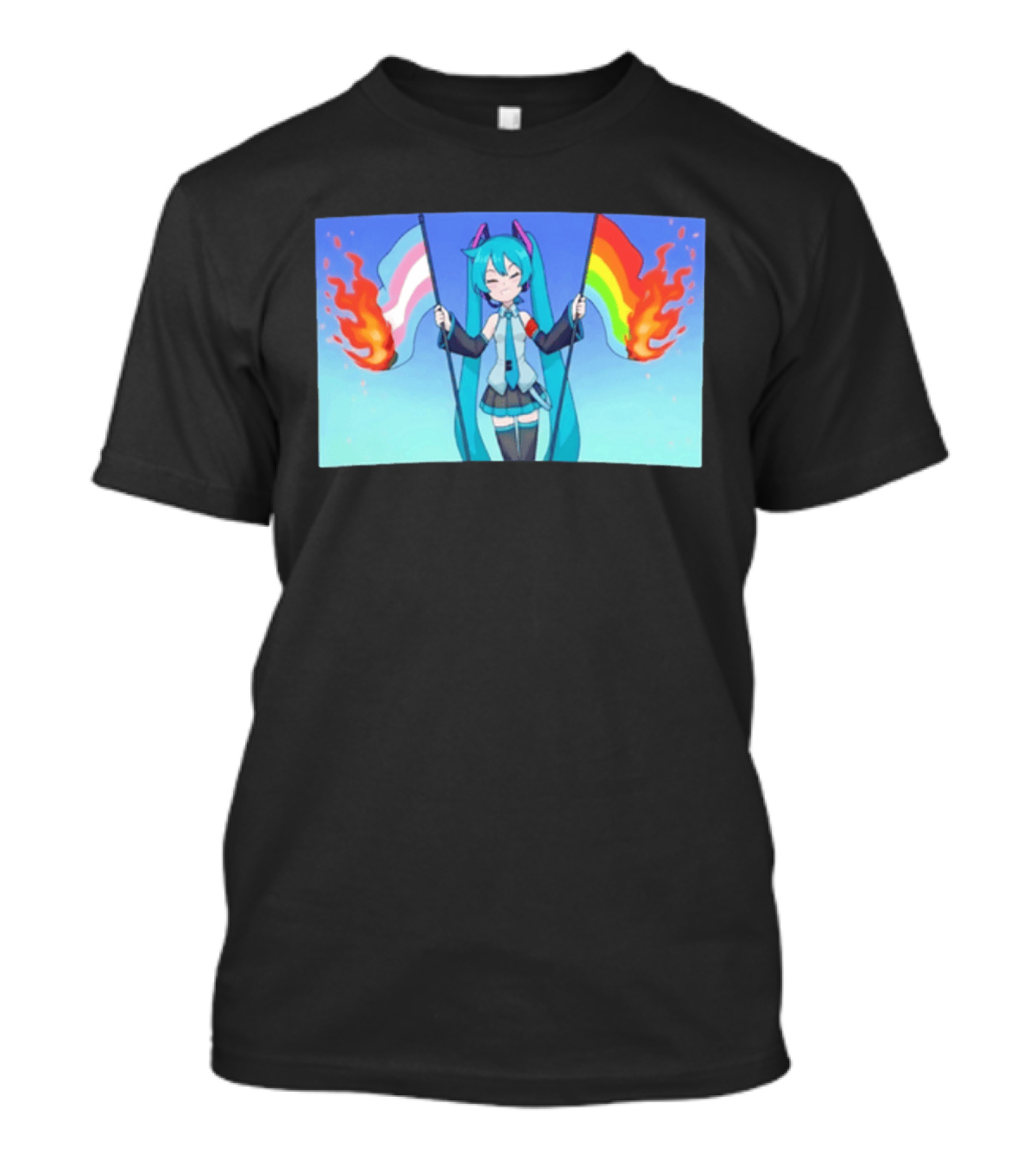 Anime Vocaloid Miku Holding Burning Transgender And Rainbow Flags Controversial Pride Month 2026 T-Shirt