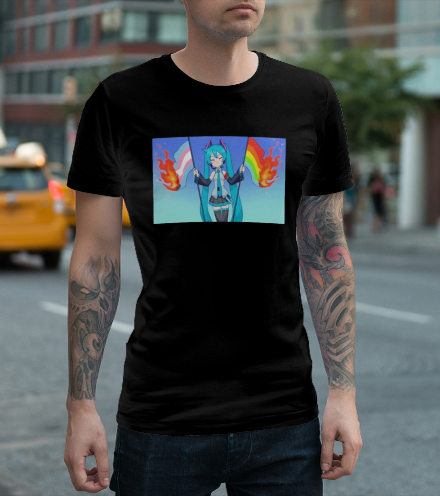Anime Vocaloid Miku Holding Burning Transgender And Rainbow Flags Controversial Pride Month 2026 T-Shirt