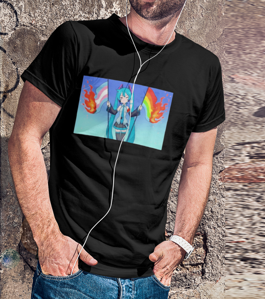 Anime Vocaloid Miku Holding Burning Transgender And Rainbow Flags Controversial Pride Month 2026 T-Shirt