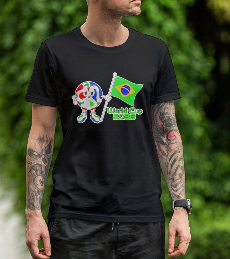 World Cup 2026 Cartoon Character With Brazil Flag Soccer Ball T-Shirt