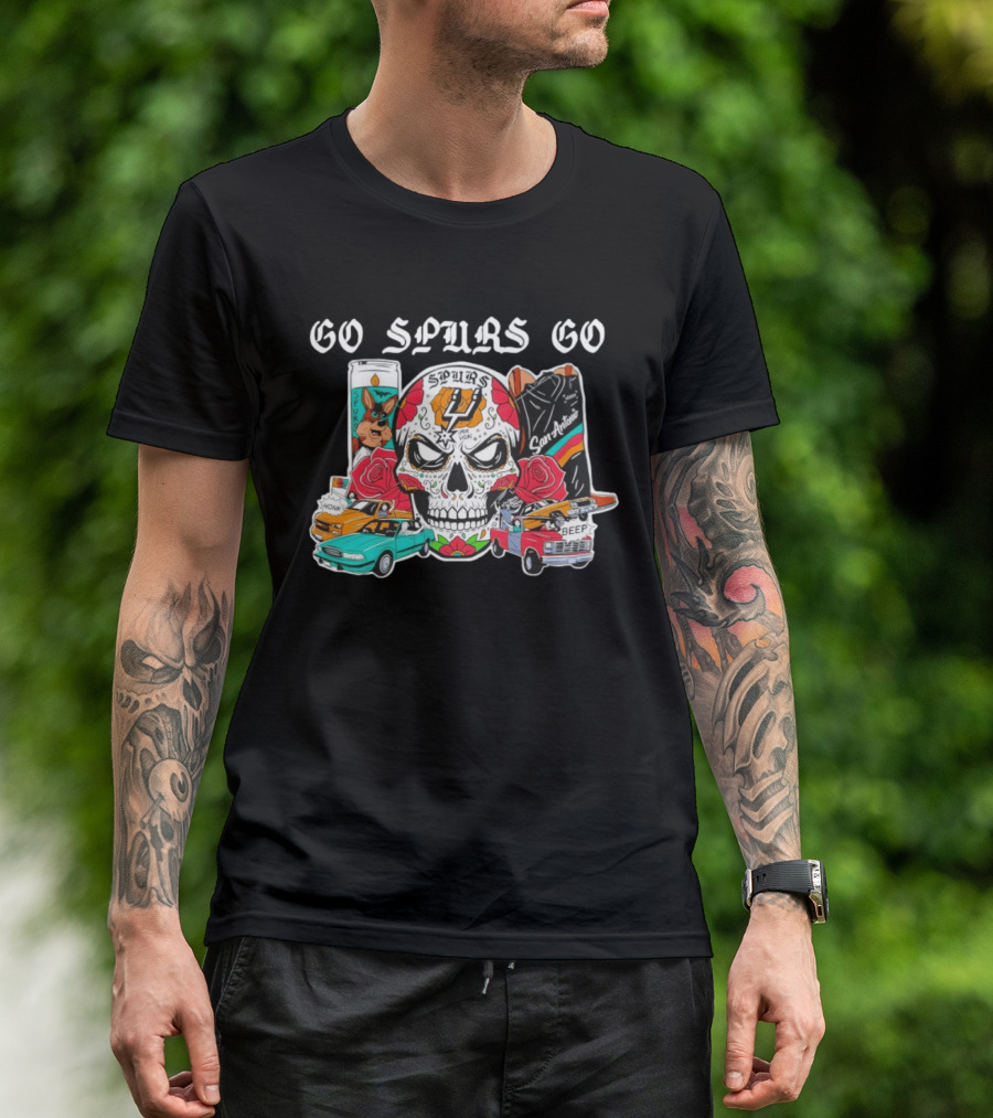 Go Spurs Go SAS Wemby Spurs The Alien Sugar Skull San Antonio Cars Roses T-Shirt