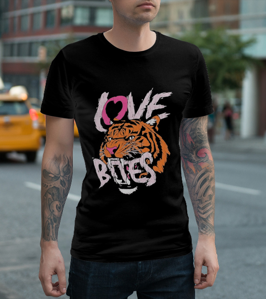 Love Bites Roaring Tiger Face Bold Pink And Orange T-Shirt
