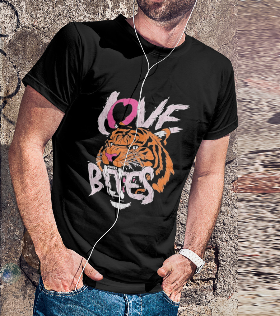 Love Bites Roaring Tiger Face Bold Pink And Orange T-Shirt
