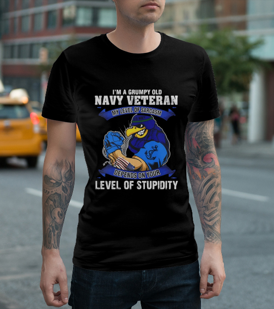 Grumpy Old Navy Veteran Sarcasm Stupidity Level Patriotic Eagle T-Shirt