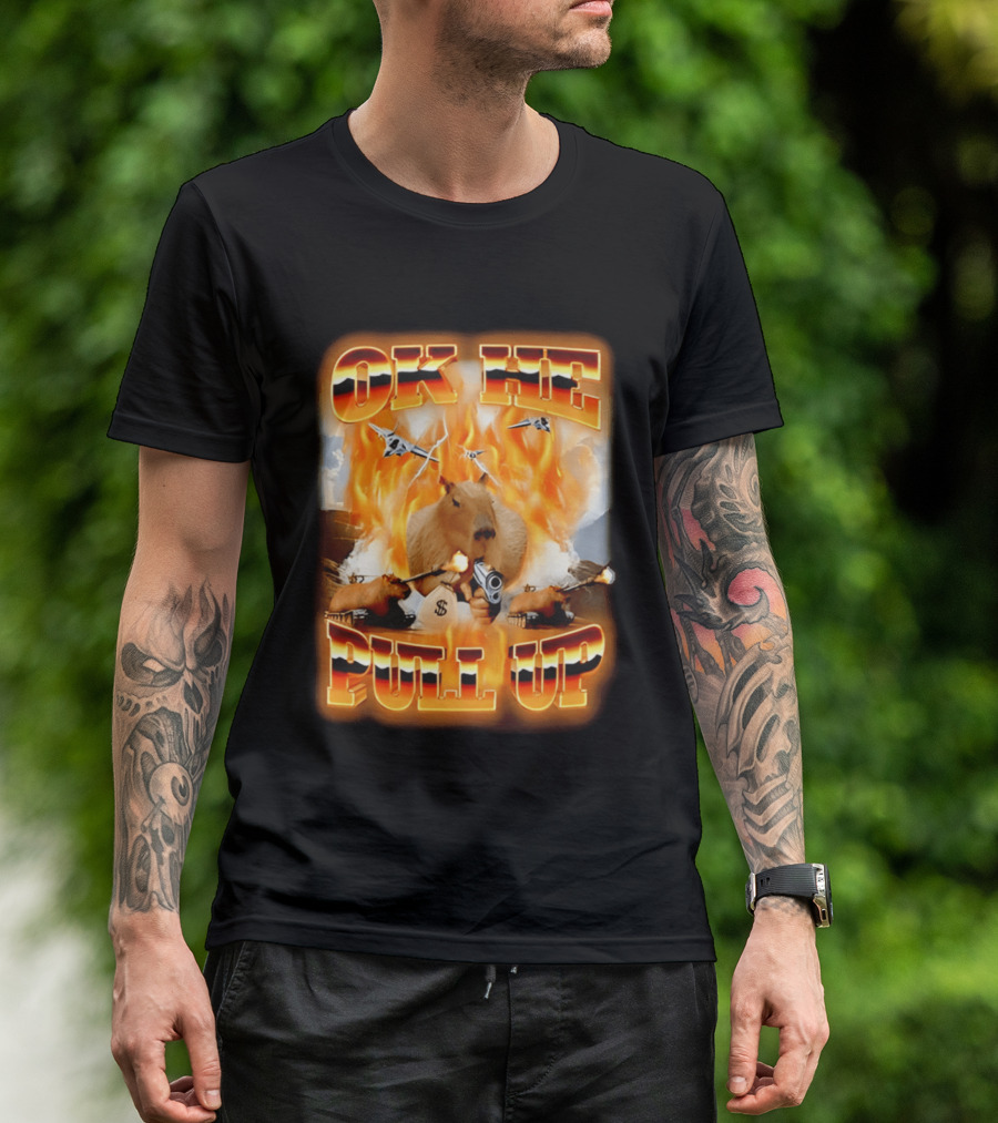 Ok He Pull Up Capybara Surrounded By Fire With Jets And Guns T-Shirt