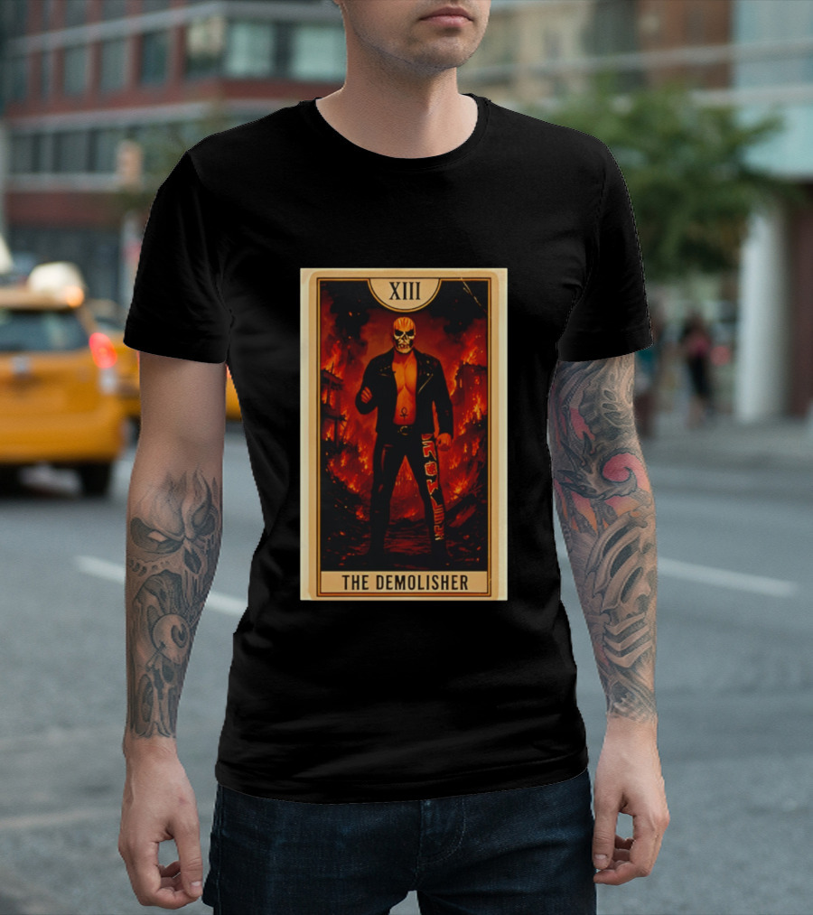 XIII The Demolisher Tarot Card Skull Masked Figure In Flames T-Shirt