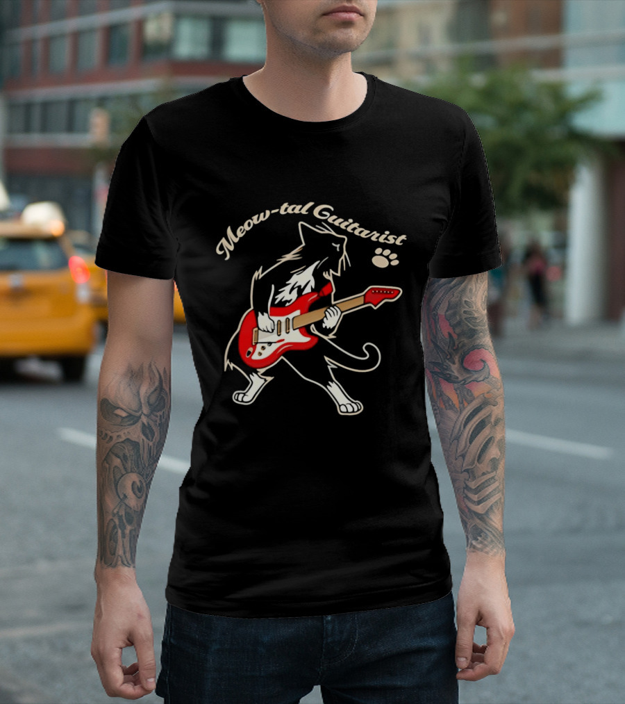 Meow Tal Guitarist Cat Playing Red Electric Guitar T-Shirt