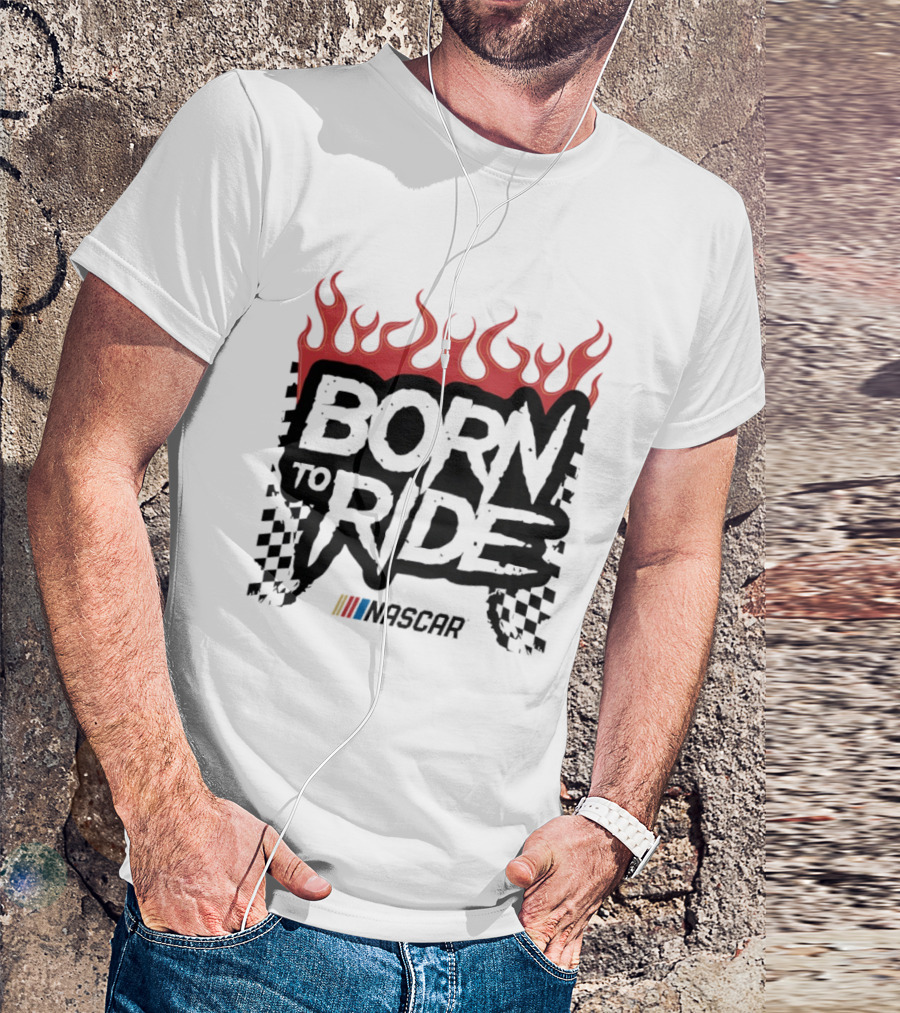 Born To Ride NASCAR Flames Checkered Flag Racing T-Shirt