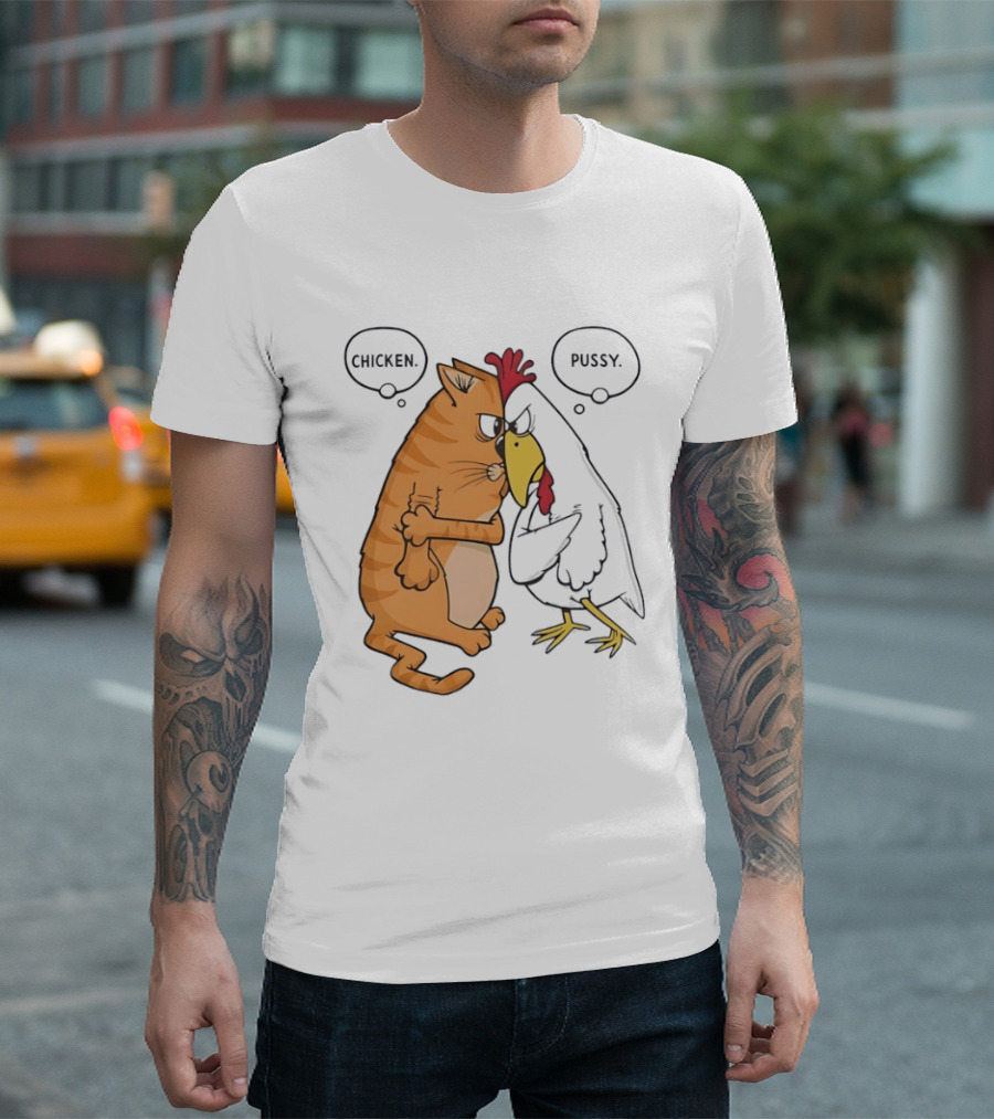 Chicken Pussy Standoff Cartoon Humor Confrontation T-Shirt