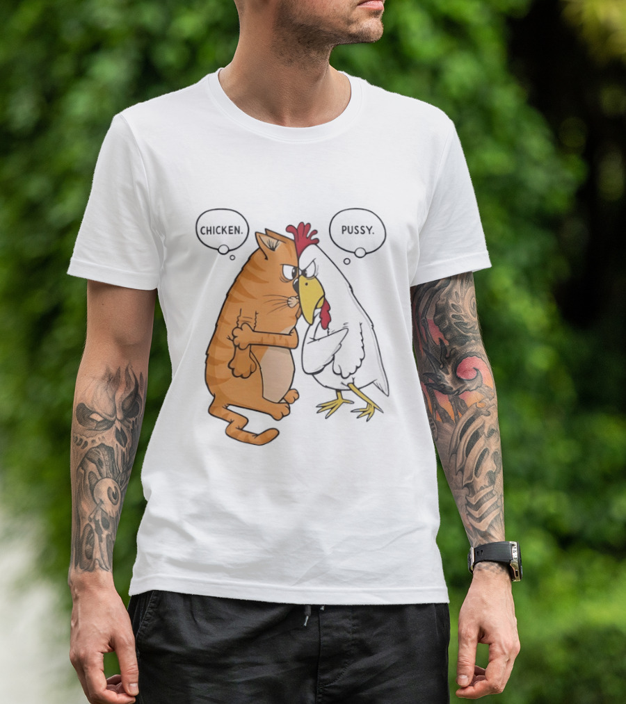 Chicken Pussy Standoff Cartoon Humor Confrontation T-Shirt