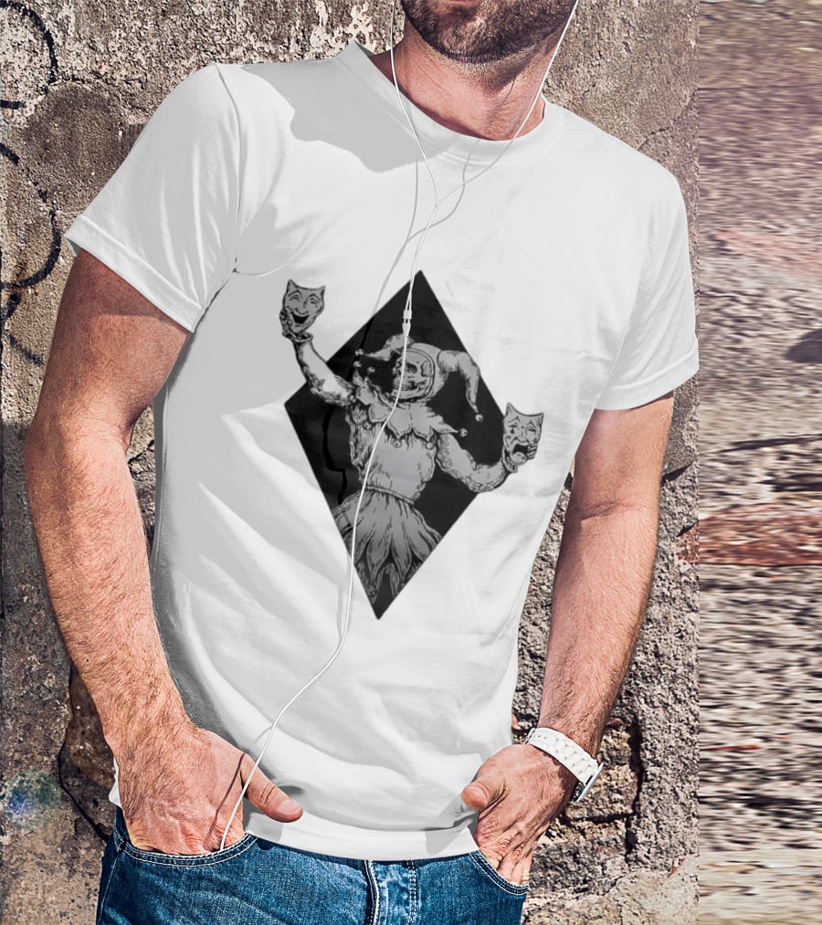 Skeleton Jester Holding Comedy And Tragedy Masks Medieval Gothic Costume T-Shirt