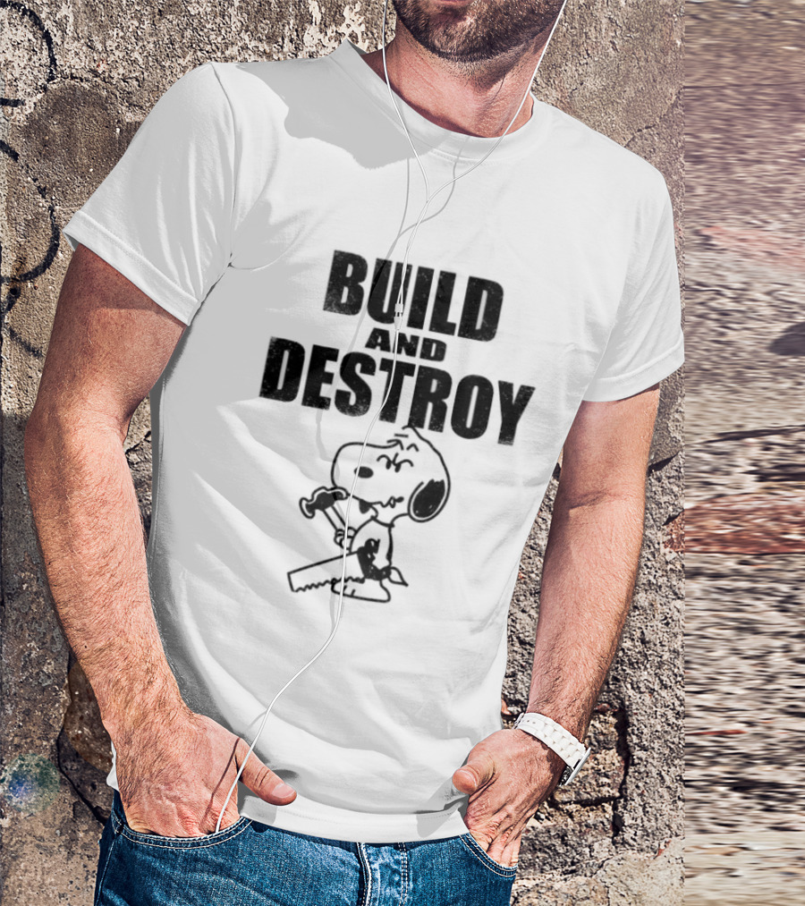 Snoopy Peanuts Build And Destroy Text Hammer Cartoon T-Shirt