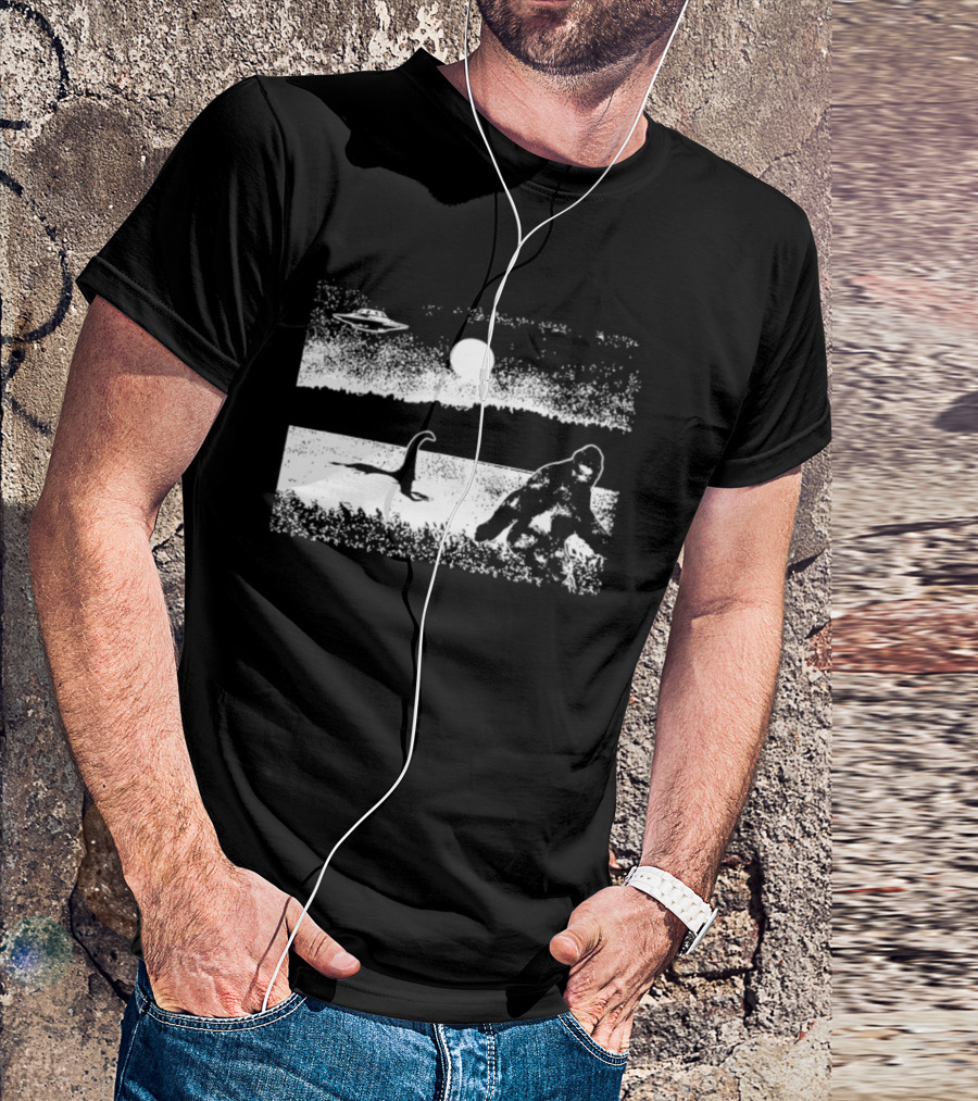 Bigfoot Nessie UFO Cryptid Creature Paranormal Mystery Nature Scene T-Shirt