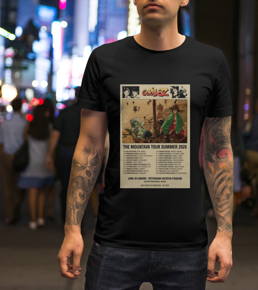 Gorillaz The Mountain Tour Summer 2026 Concert Featuring Noodle And Band Members T-Shirt
