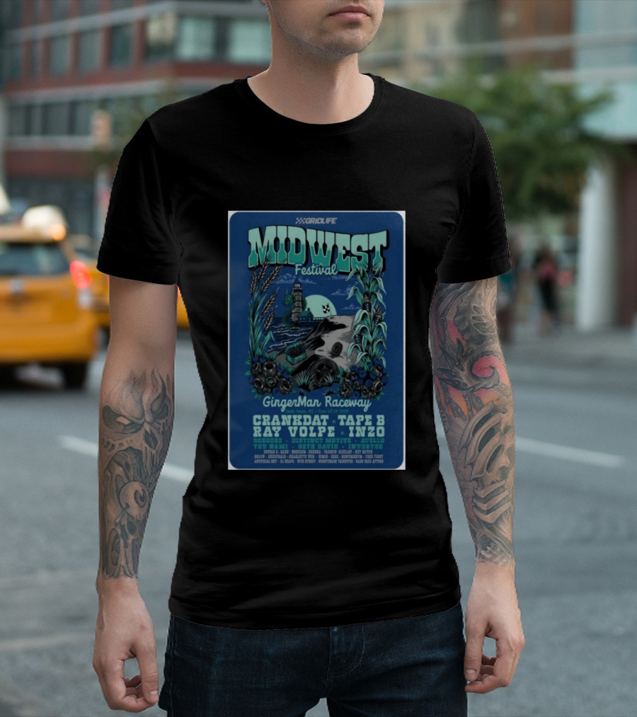 GRIDLIFE Midwest Festival GingerMan Raceway June 12 14 2026 South Haven MI Crankdat Tape B Ray Volpe INZO Borgore T-Shirt