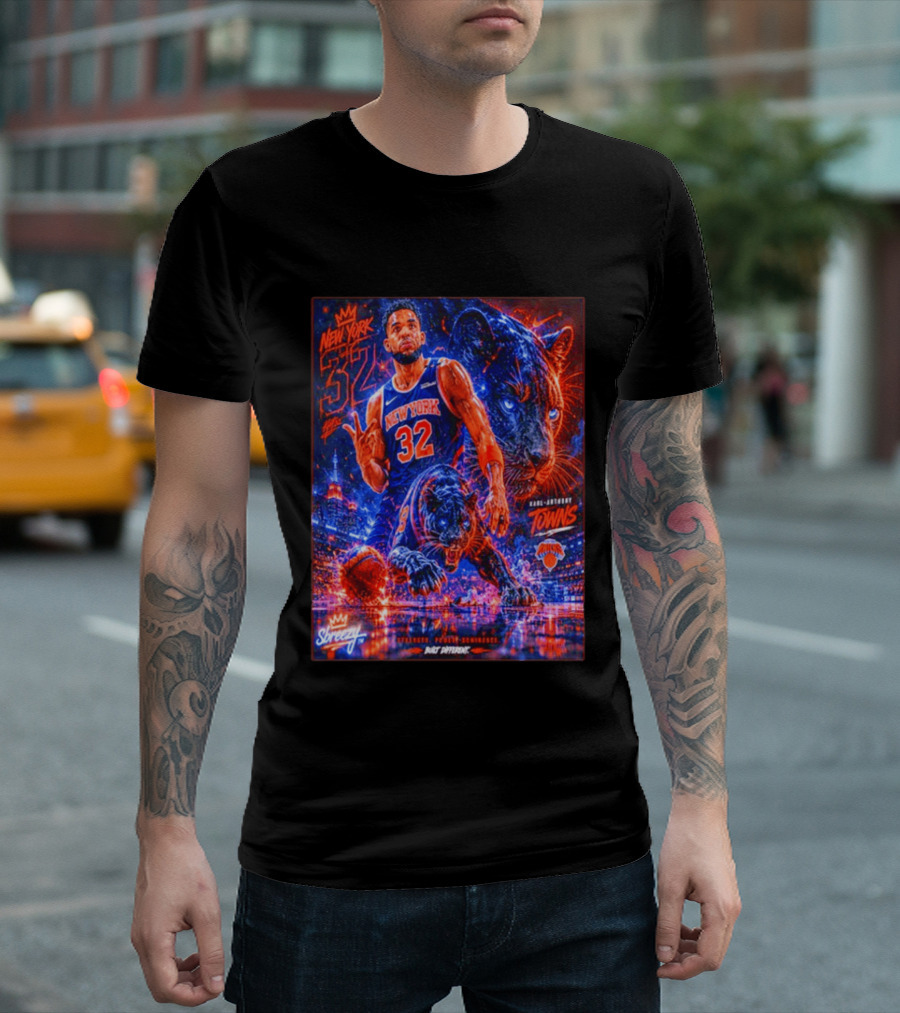 New York 32 Karl Anthony Towns Panther Blossom Street Slicey NBA Knicks T-Shirt