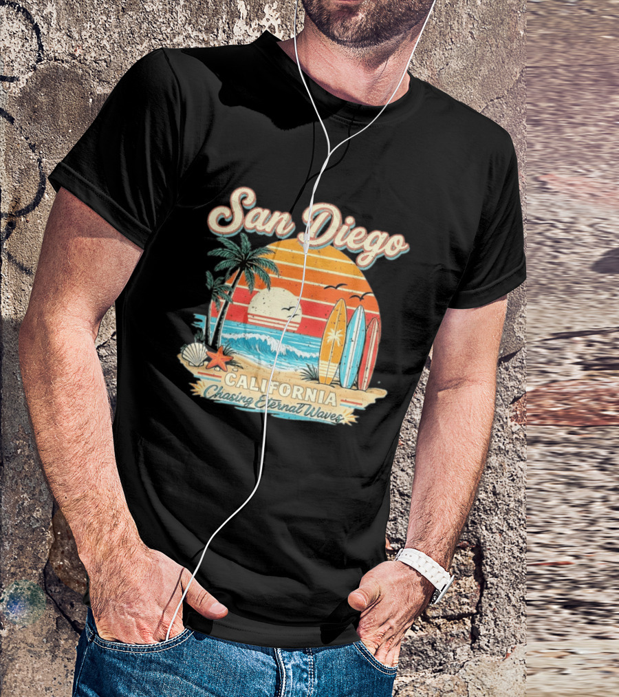San Diego California Surfing Sunrise Chasing Eternal Waves Beach Vacation T-Shirt