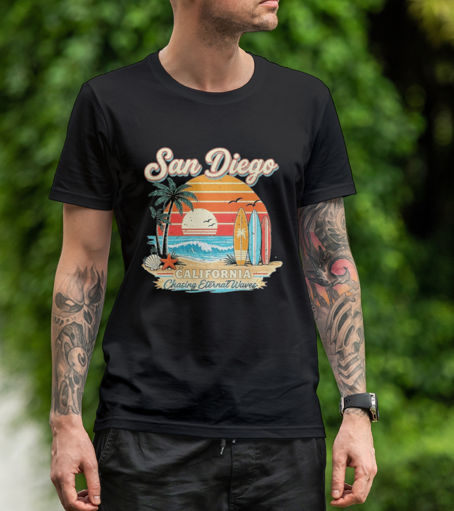 San Diego California Surfing Sunrise Chasing Eternal Waves Beach Vacation T-Shirt