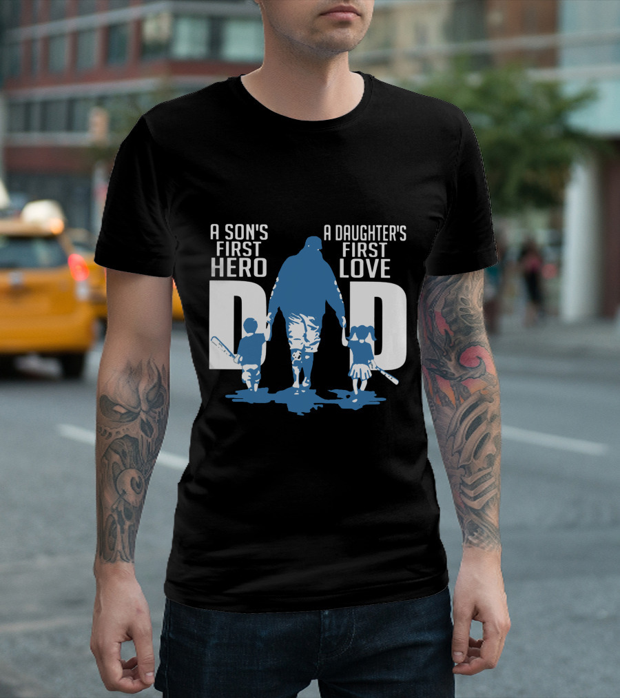 Dad A Son's First Hero A Daughter's First Love Blue Silhouette with Kids and Baseball Bats T-Shirt