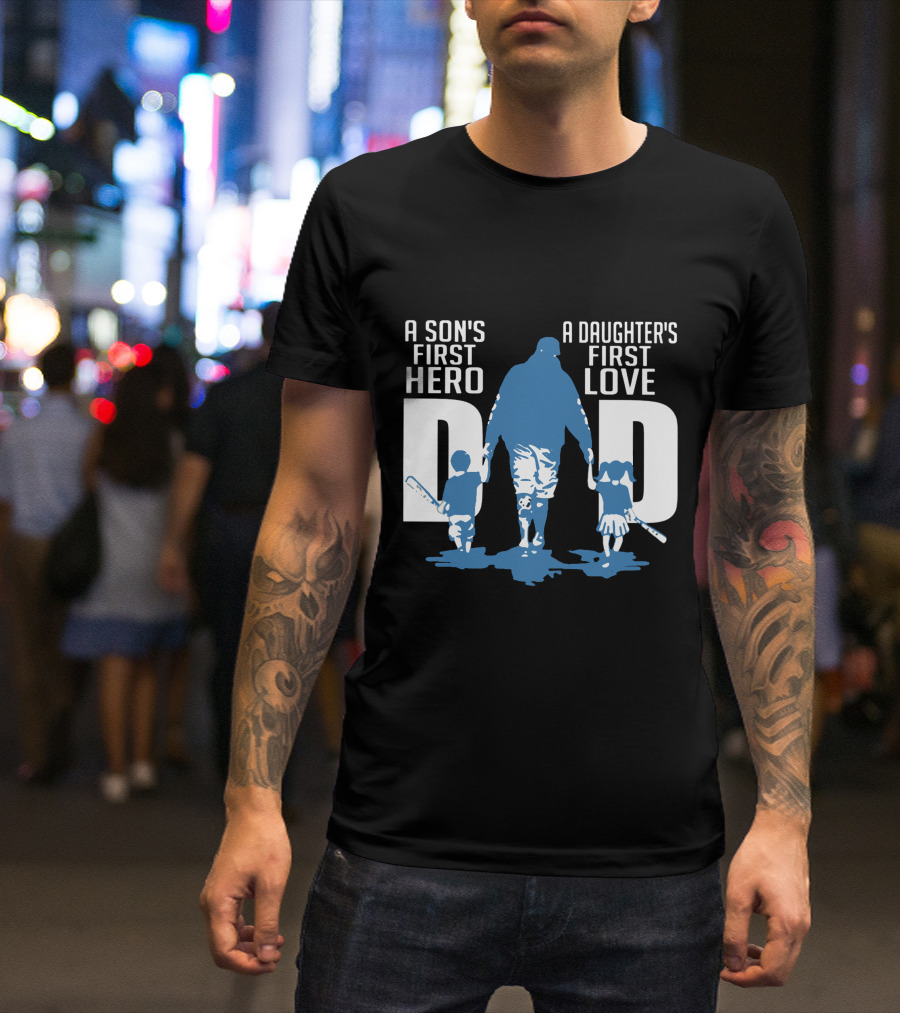 Dad A Son's First Hero A Daughter's First Love Blue Silhouette With Kids And Baseball Bats T-Shirt