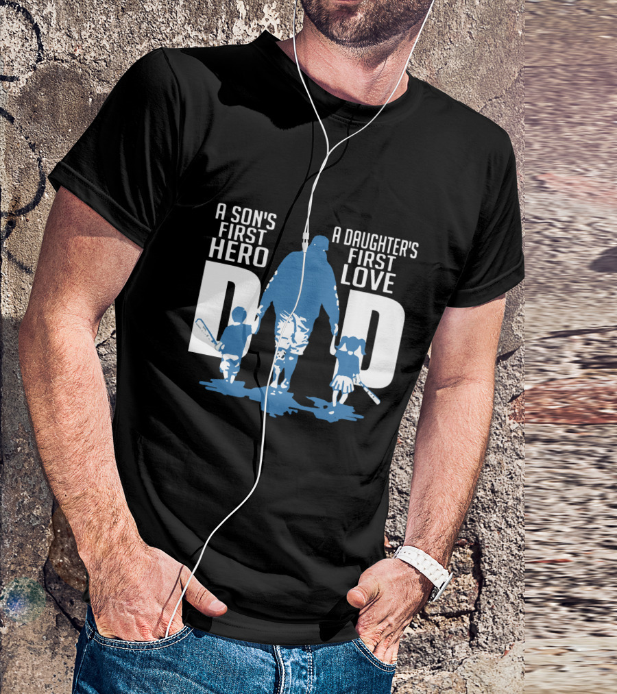 Dad A Son's First Hero A Daughter's First Love Blue Silhouette With Kids And Baseball Bats T-Shirt