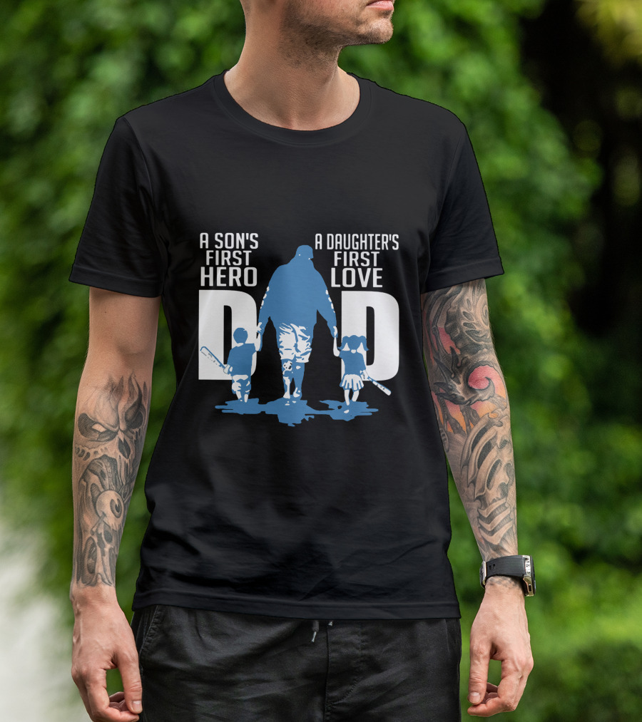 Dad A Son's First Hero A Daughter's First Love Blue Silhouette With Kids And Baseball Bats T-Shirt