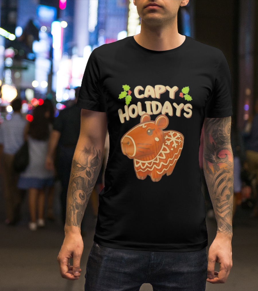 Capy Holidays Christmas Cookie Capybara With Holly Leaves T-Shirt