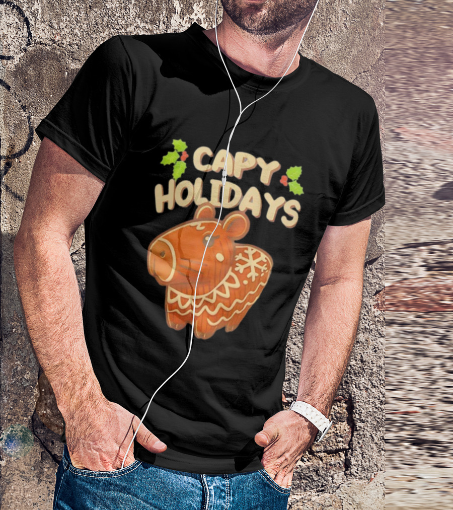 Capy Holidays Christmas Cookie Capybara With Holly Leaves T-Shirt