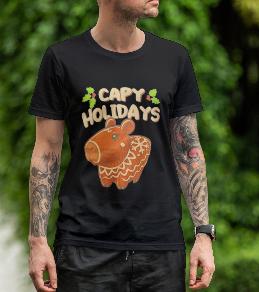Capy Holidays Christmas Cookie Capybara With Holly Leaves T-Shirt