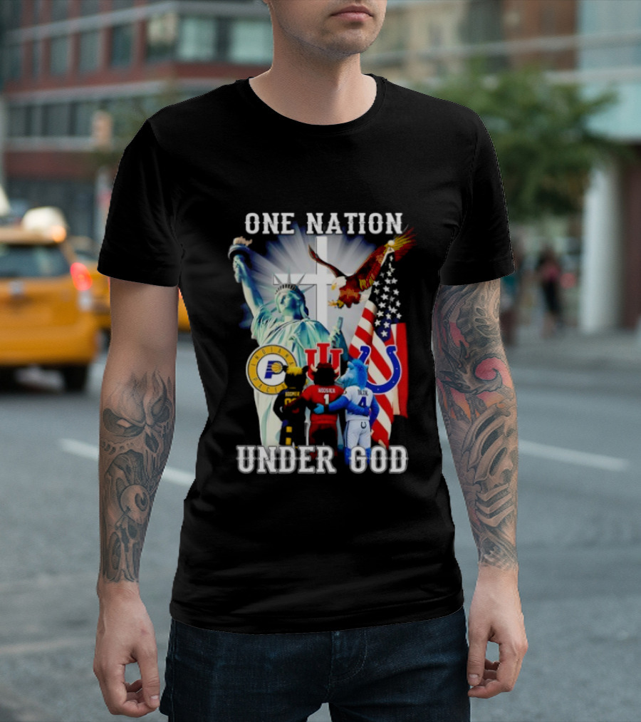 Indiana Hoosiers Indianapolis Colts Indiana Pacers One Nation Under God Statue Of Liberty American Flag T-Shirt